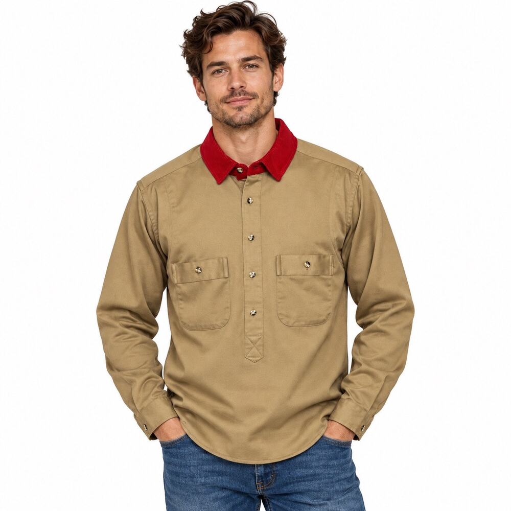 Vintage 1970s Bloomingdale’s Tan Red Corduroy Collar Pullover Shirt NWT Men S